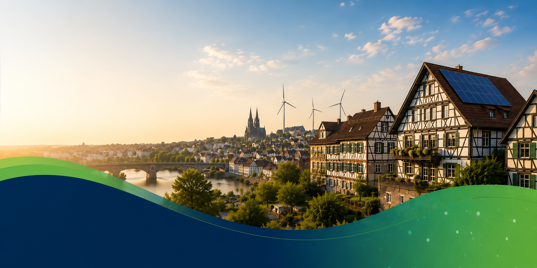 German town with residential buildings, solar panels, wind turbines and a digital network layer